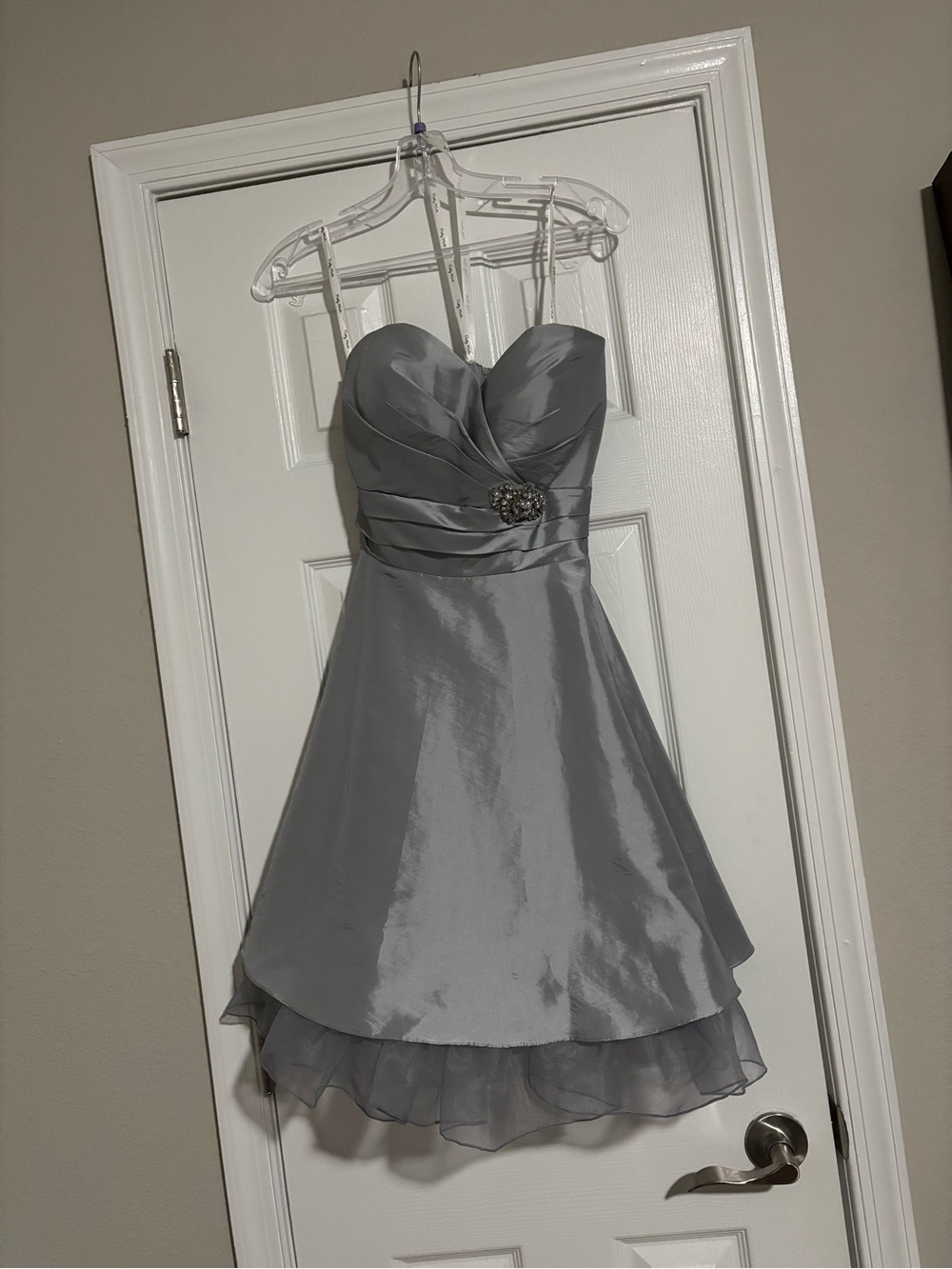 Pretty Maids Silver Strapless Party Dress with Embellished Waist